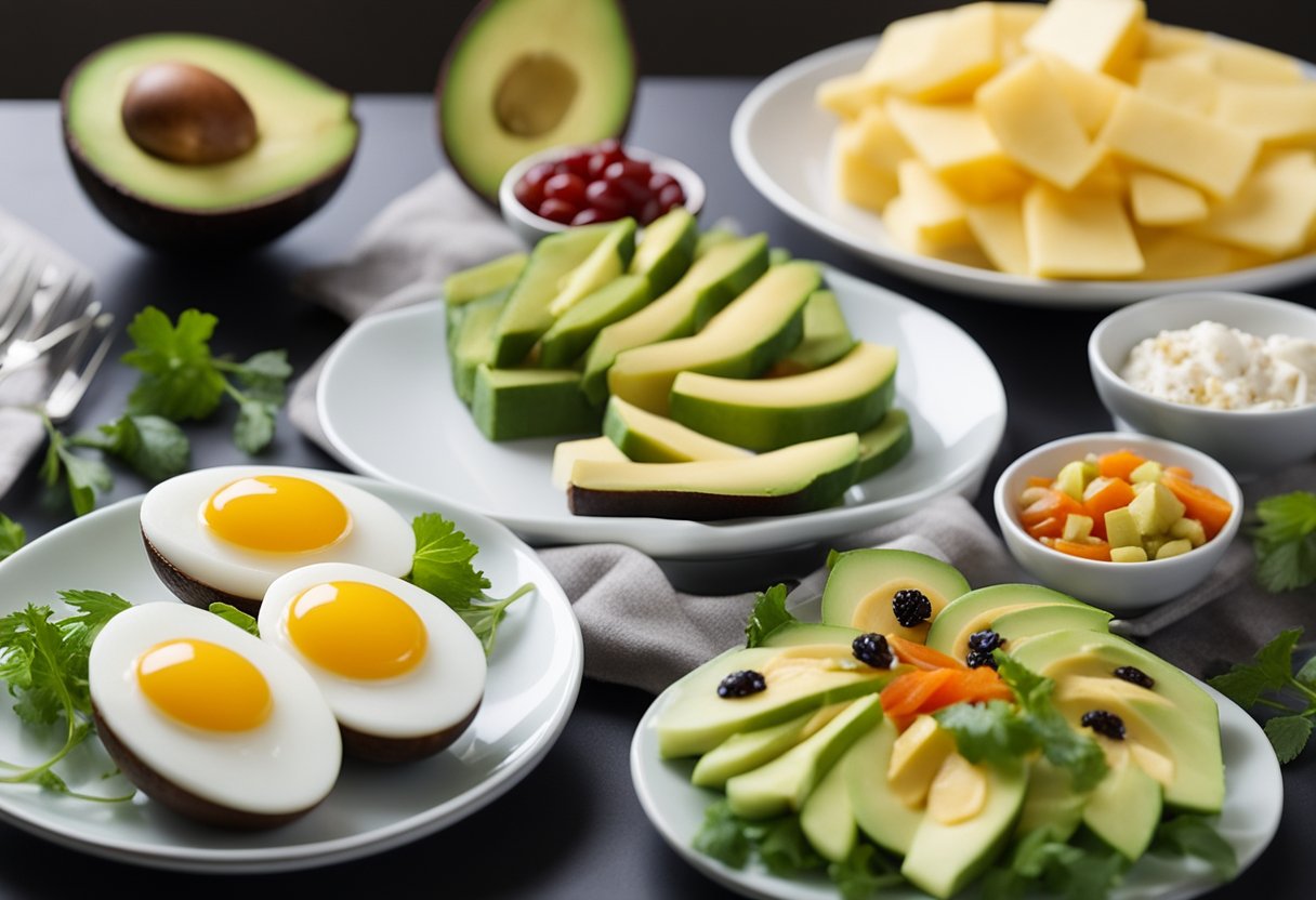 A colorful snack plate with sliced avocado, hard-boiled eggs, and assorted keto-friendly accompaniments arranged on a white platter