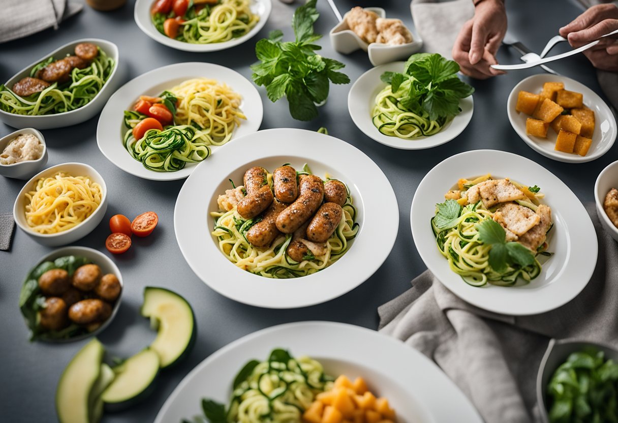 A plate of chicken sausage with zucchini noodles surrounded by 17 other keto lunch options at a conference center