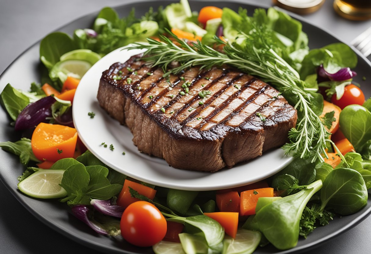 A sizzling steak rests on a bed of fresh greens, surrounded by vibrant vegetables and herbs. The setting is a modern conference center with a clean and bright atmosphere