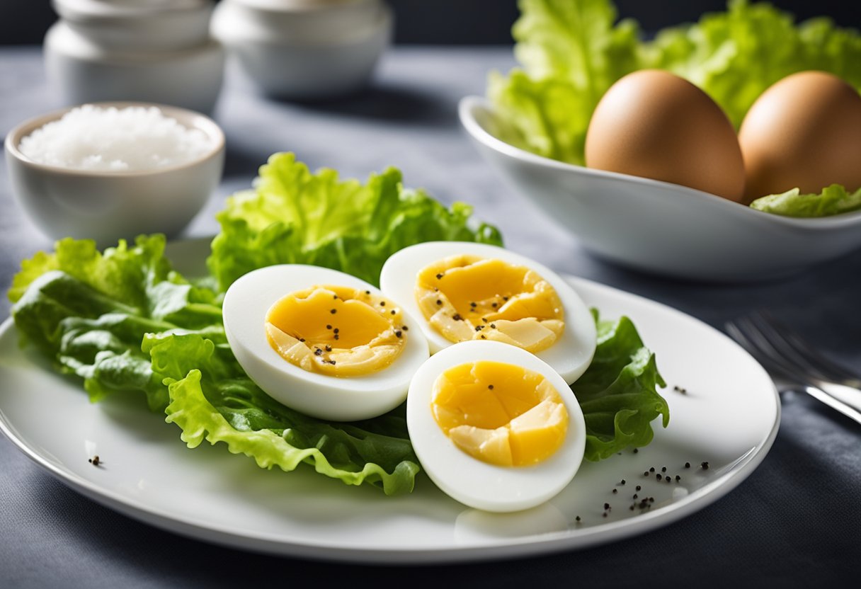 A white plate holds three hard-boiled eggs, sliced in half, arranged neatly on a bed of lettuce, with a sprinkle of salt and pepper