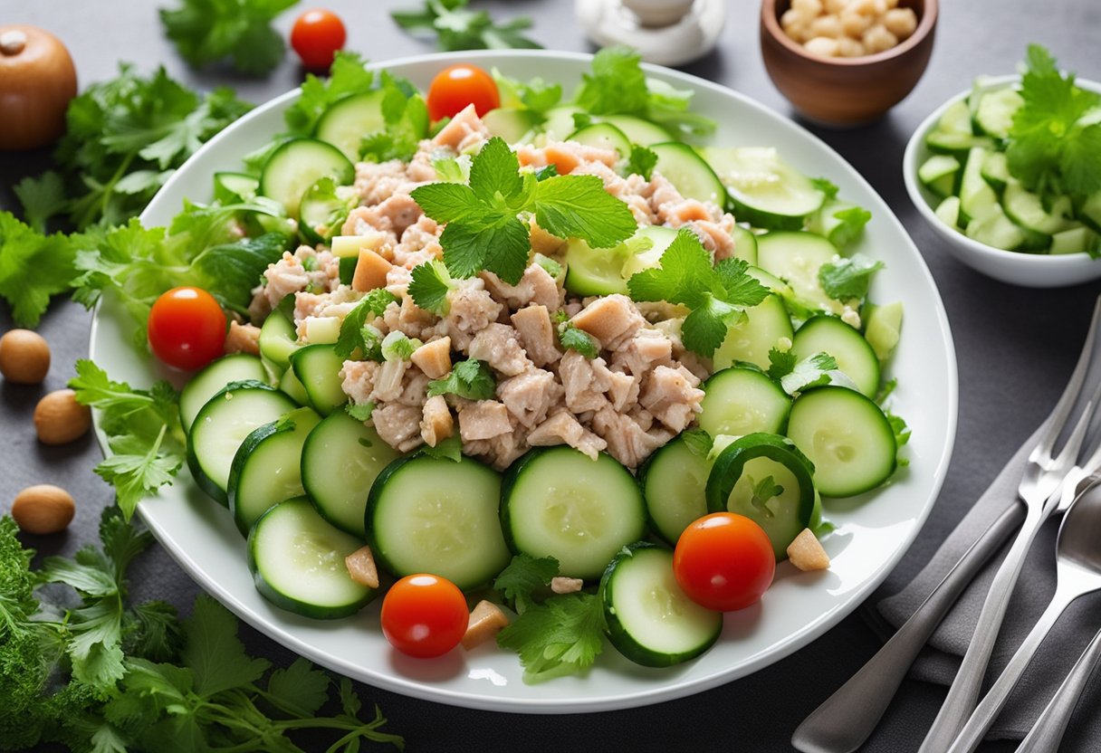 A colorful bowl of cucumber and tuna salad surrounded by fresh ingredients on a white plate