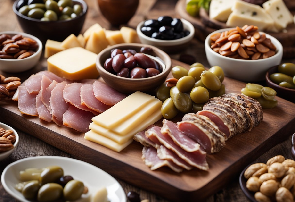 A wooden platter holds an assortment of cured meats and cheeses, surrounded by small bowls of olives, nuts, and pickles