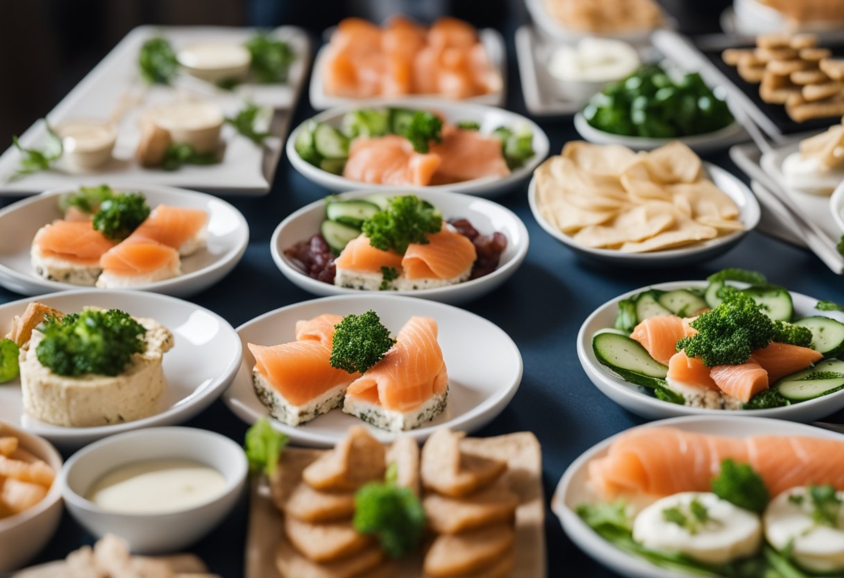 A platter of smoked salmon and cream cheese surrounded by keto-friendly lunch options at a conference center