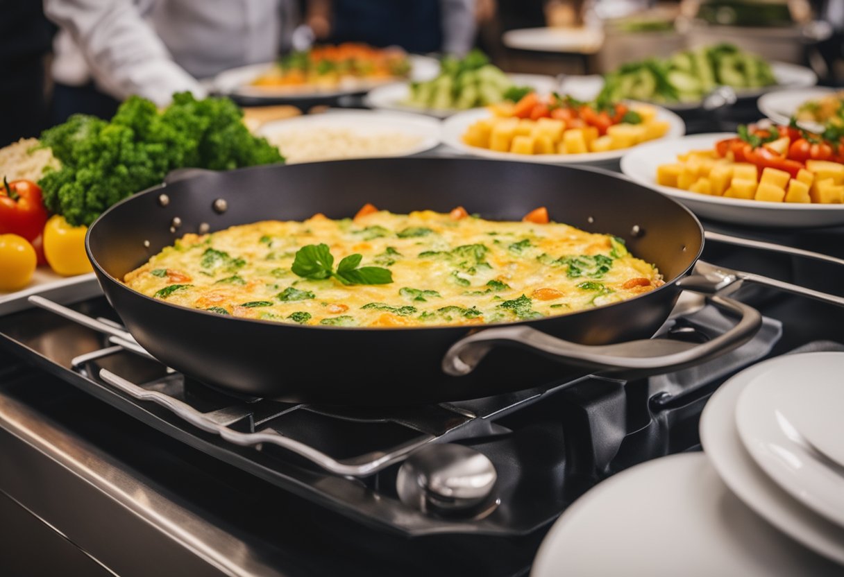 A colorful vegetable omelette sizzling in a pan, surrounded by vibrant keto-friendly ingredients at a conference center lunch buffet