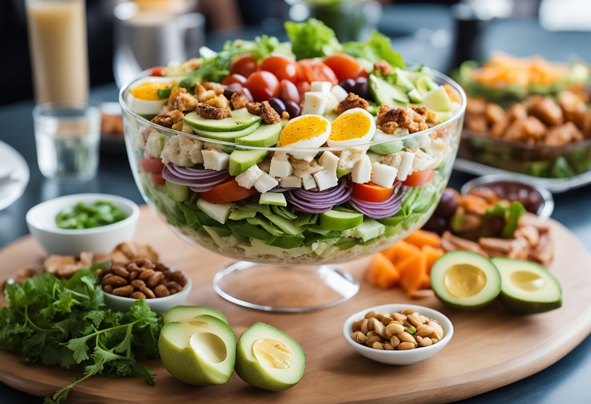 A colorful Keto Cobb Salad surrounded by a variety of keto-friendly lunch options at the conference center