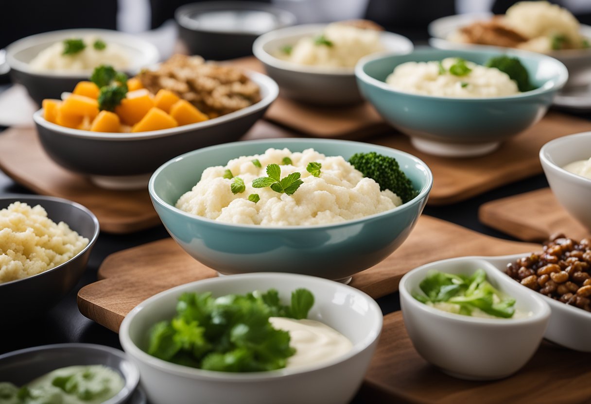 A table set with bowls of creamy mashed cauliflower, surrounded by keto-friendly lunch options at a conference center