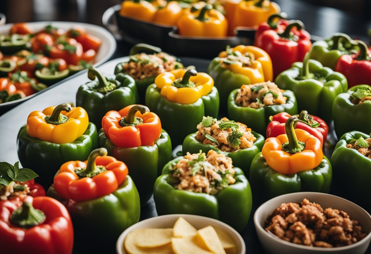 A platter of colorful stuffed bell peppers surrounded by various keto-friendly lunch options at a conference center