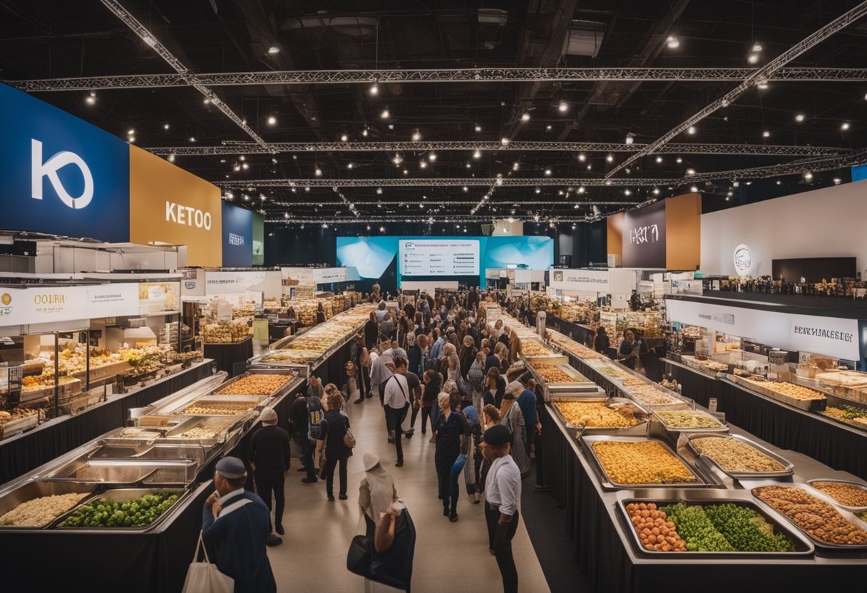 A bustling convention hall filled with colorful keto-friendly food vendors and attendees sampling various low-carb dishes and snacks