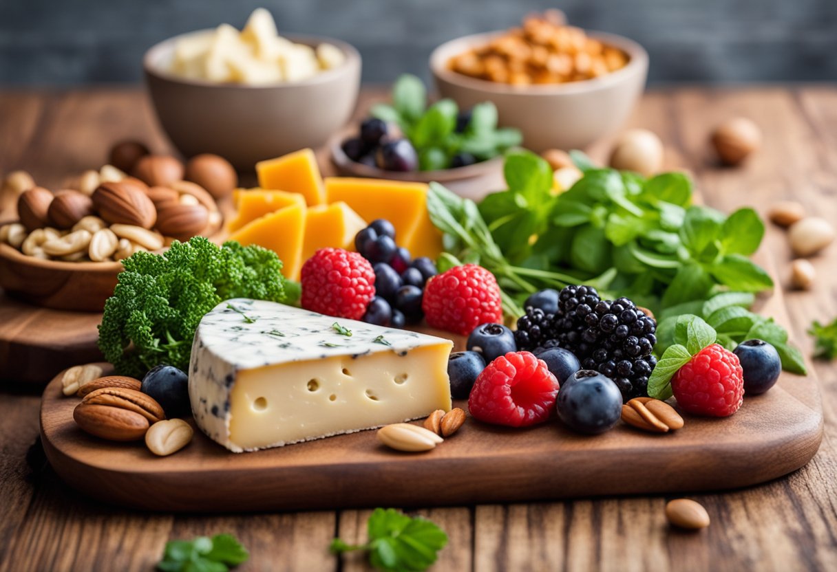 A colorful array of keto-friendly cheeses, nuts, and berries arranged on a wooden platter, surrounded by fresh herbs and sliced vegetables