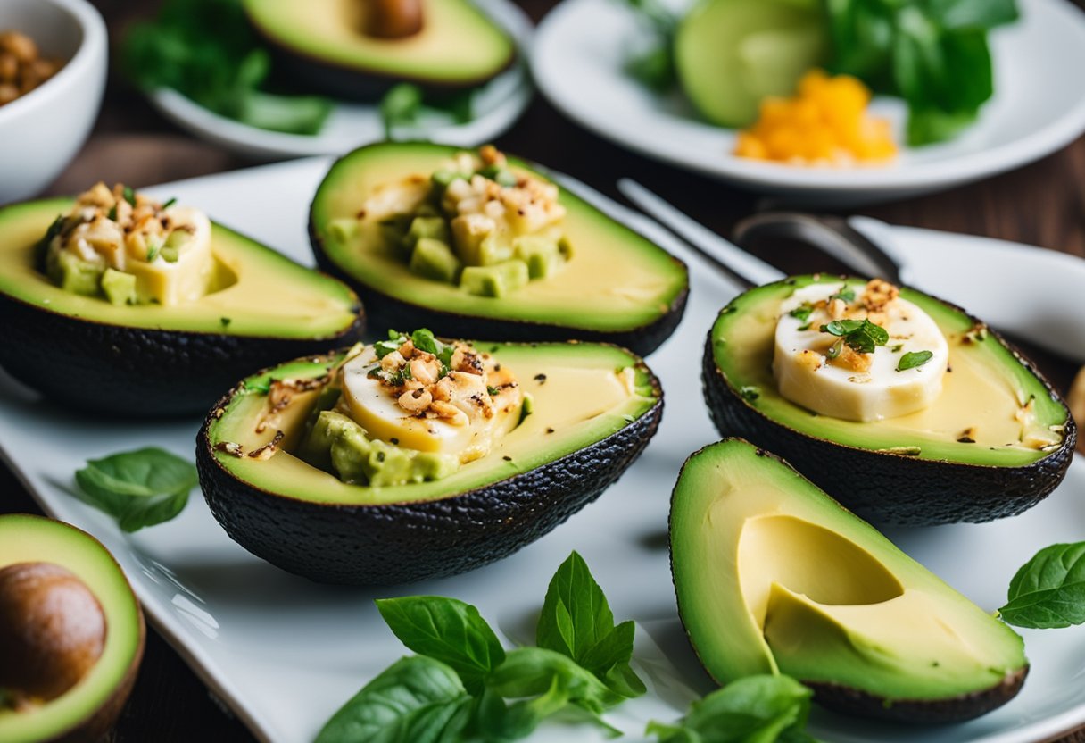 Two grilled avocado halves on a plate surrounded by keto-friendly convention food options