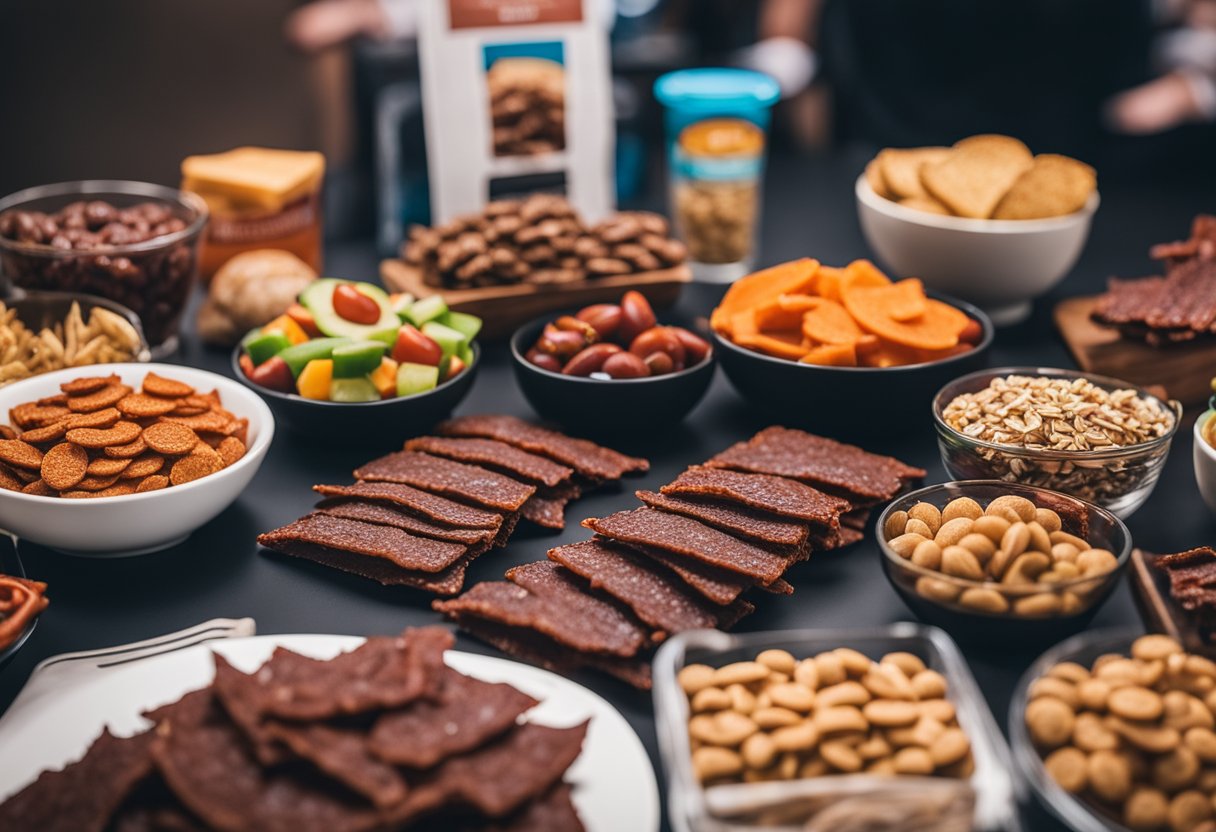 A pile of spicy beef jerky surrounded by keto-friendly snacks at a convention booth