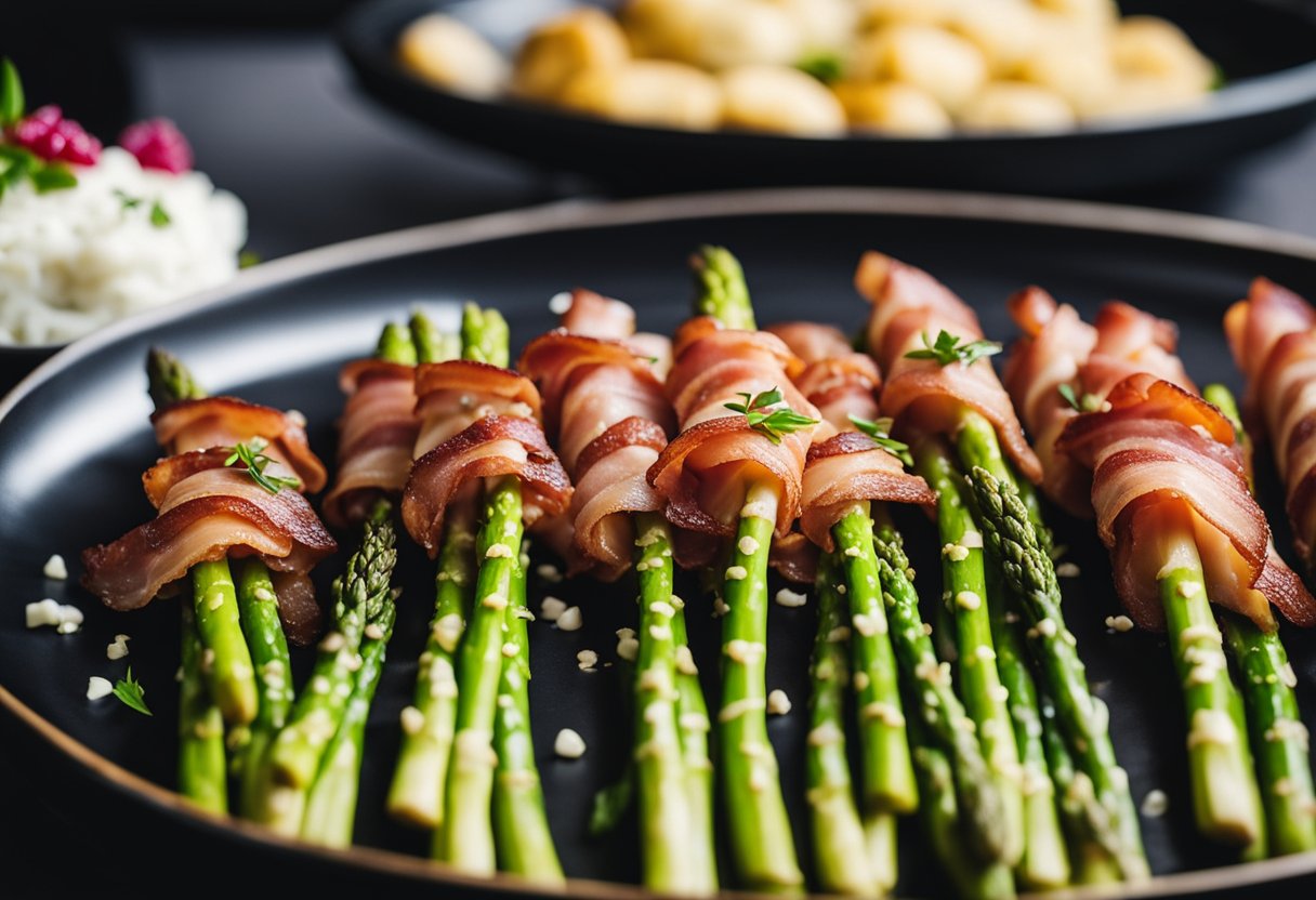 Bacon-wrapped asparagus on a platter surrounded by other keto-friendly convention food options