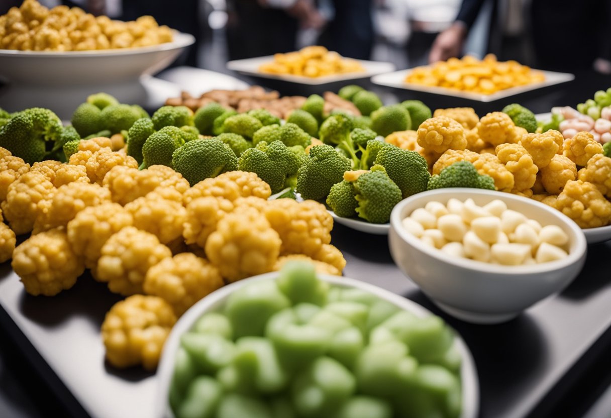 Golden cauliflower bites on a platter surrounded by keto-friendly snacks at a convention