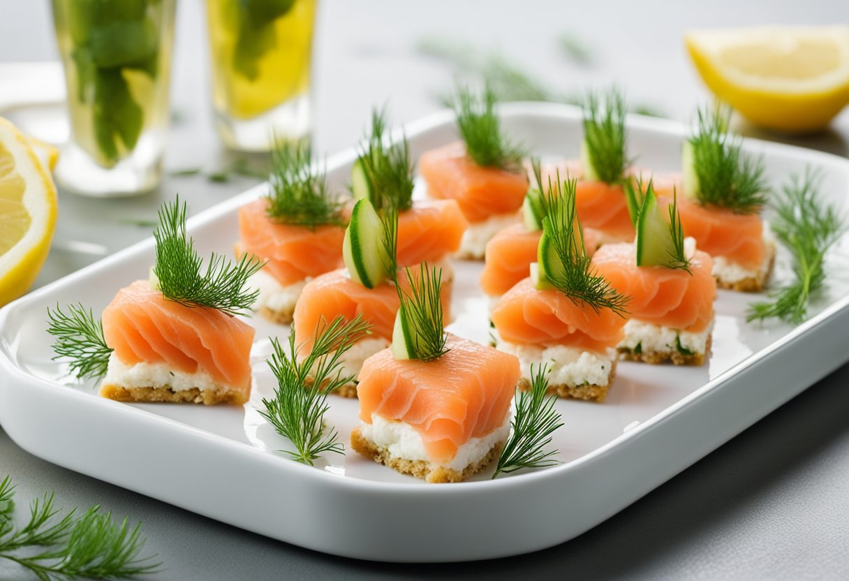 A platter of smoked salmon cucumber bites arranged on a white serving tray with garnishes of dill and lemon slices