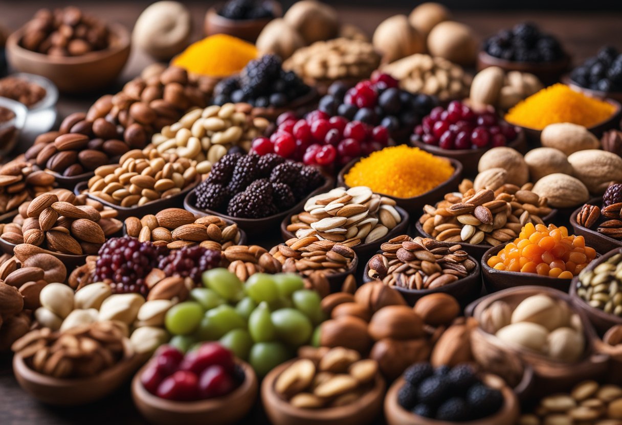 A variety of nuts, seeds, and dried berries arranged in a colorful and appetizing display