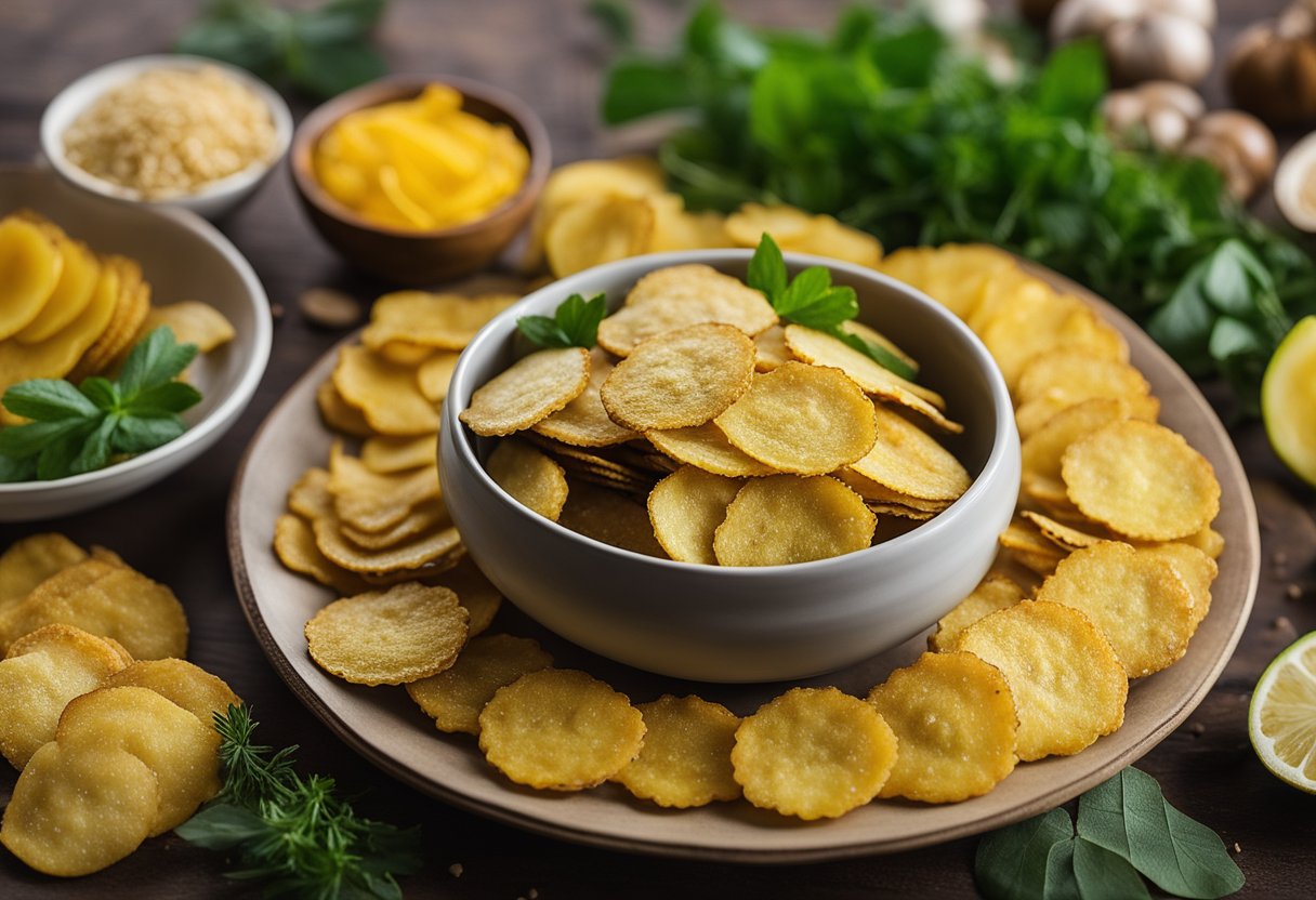 A platter of golden zucchini chips surrounded by herbs and spices at a keto convention