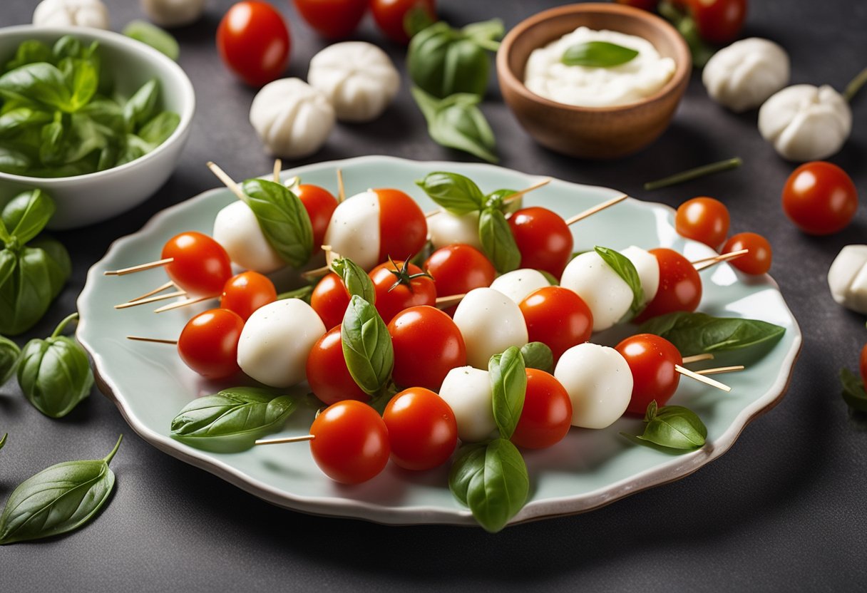 A platter of Caprese salad skewers arranged in a neat, symmetrical pattern, with vibrant red cherry tomatoes, fresh mozzarella, and fragrant basil leaves on each skewer