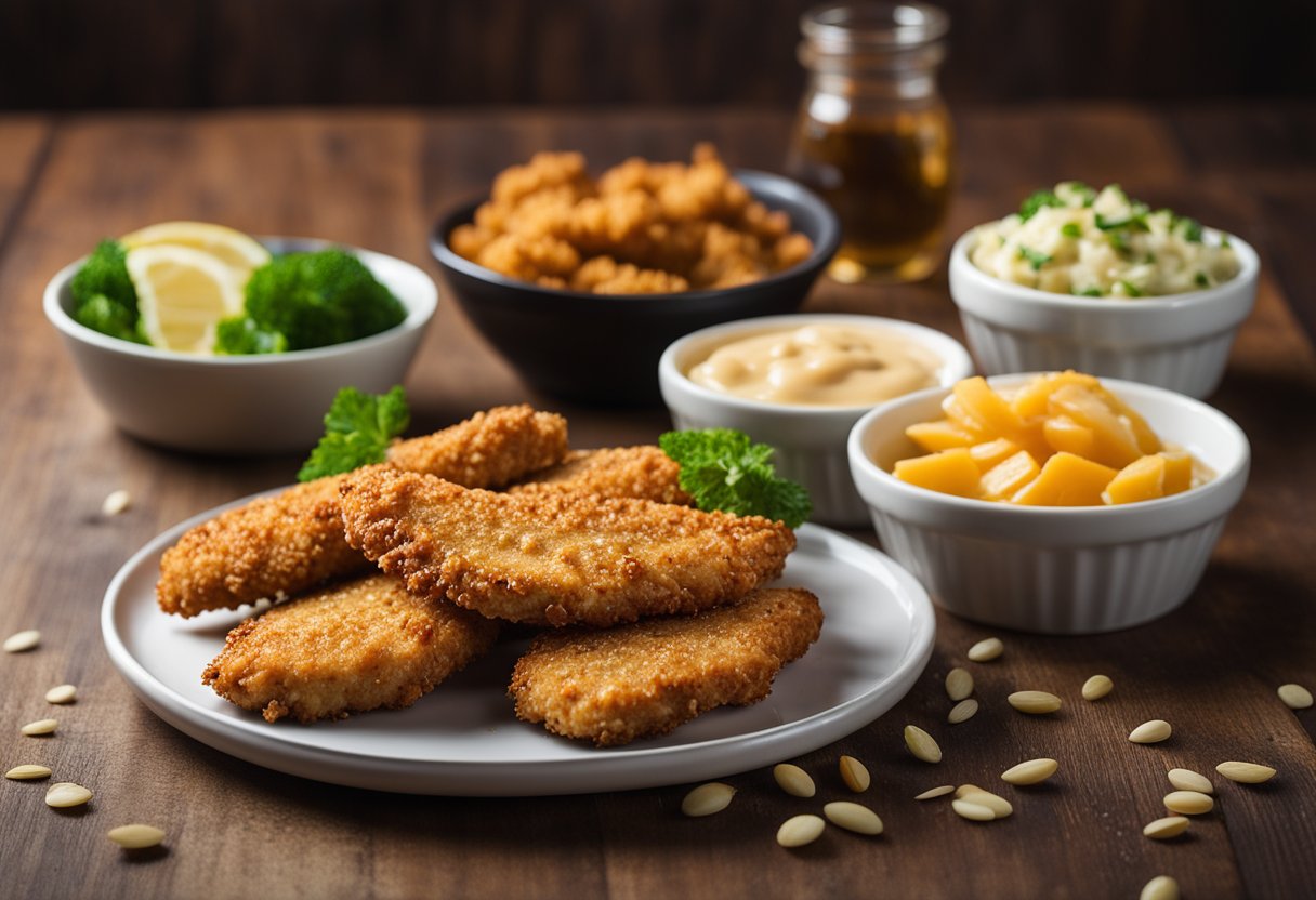 Golden-brown almond-crusted chicken tenders arranged on a platter with keto-friendly sides