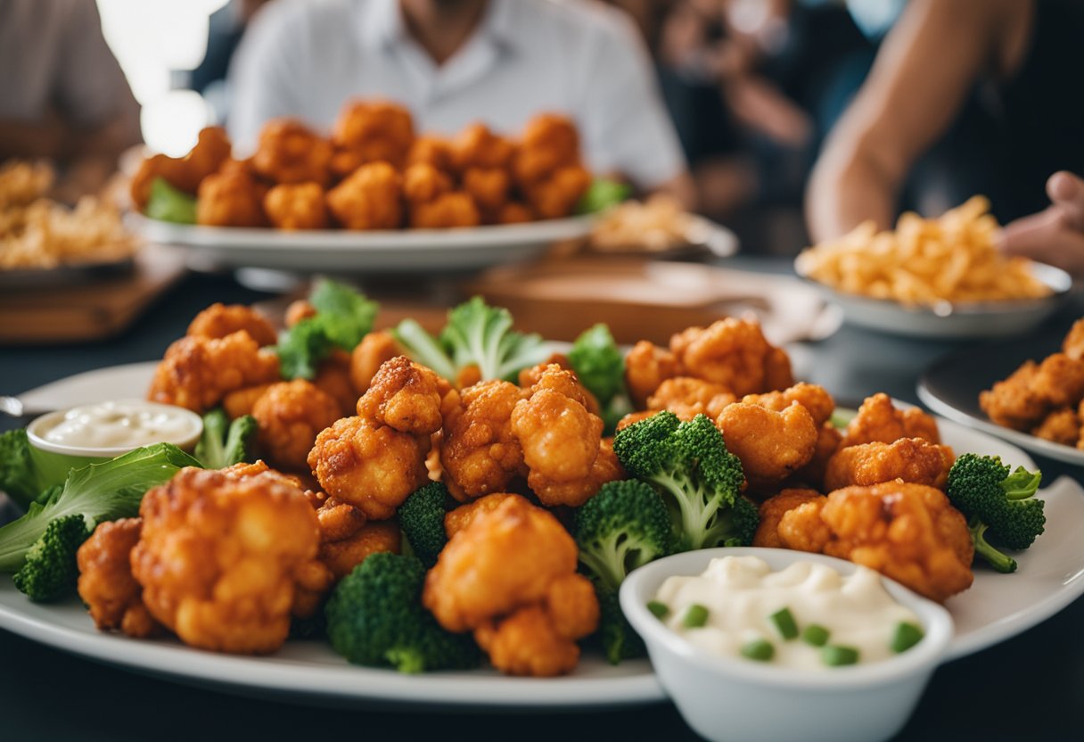 A platter of buffalo cauliflower wings surrounded by keto-friendly side dishes at a convention booth