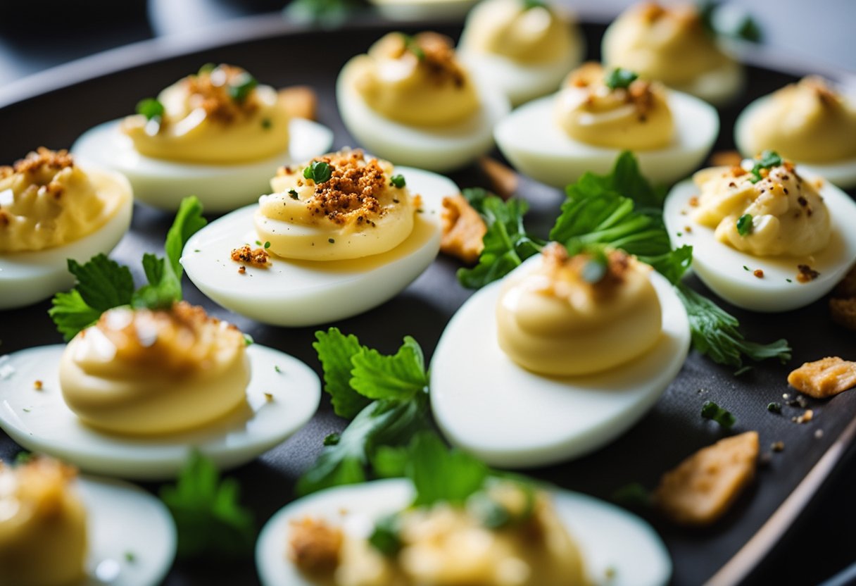 A platter of deviled eggs surrounded by keto-friendly convention food options