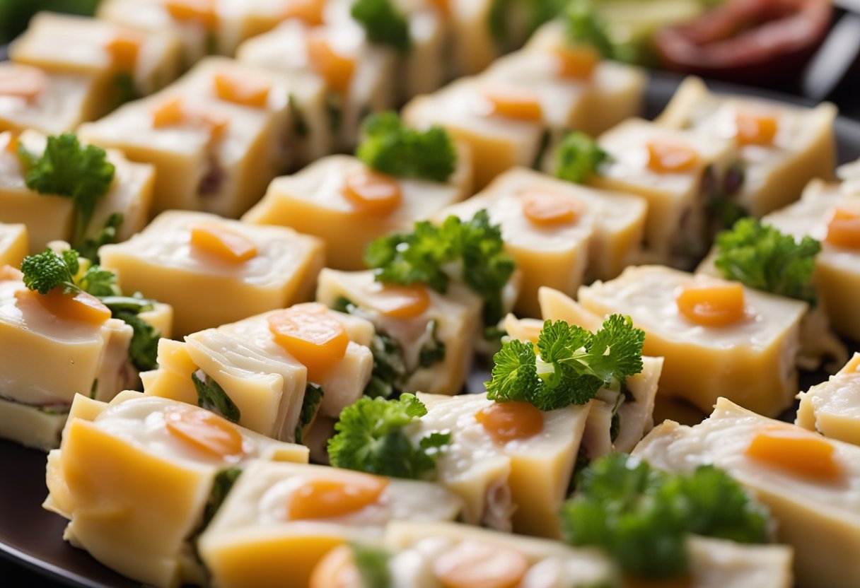 A platter of turkey and cheese roll-ups arranged in a neat, appetizing display