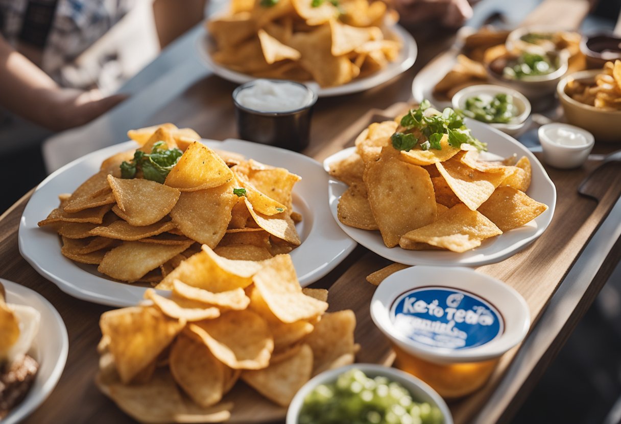 A plate of pork rind nachos surrounded by keto convention signage and food vendors