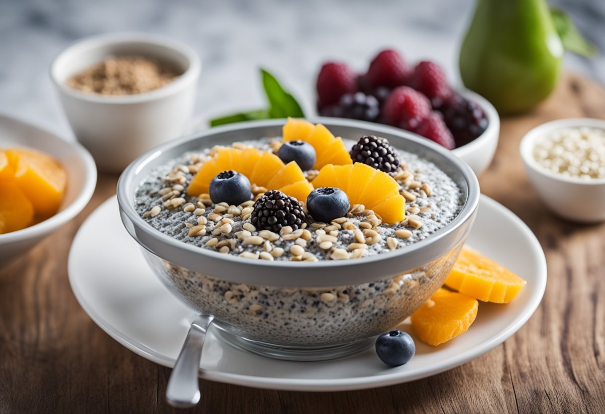 A bowl of chia seed pudding surrounded by keto-friendly convention food options