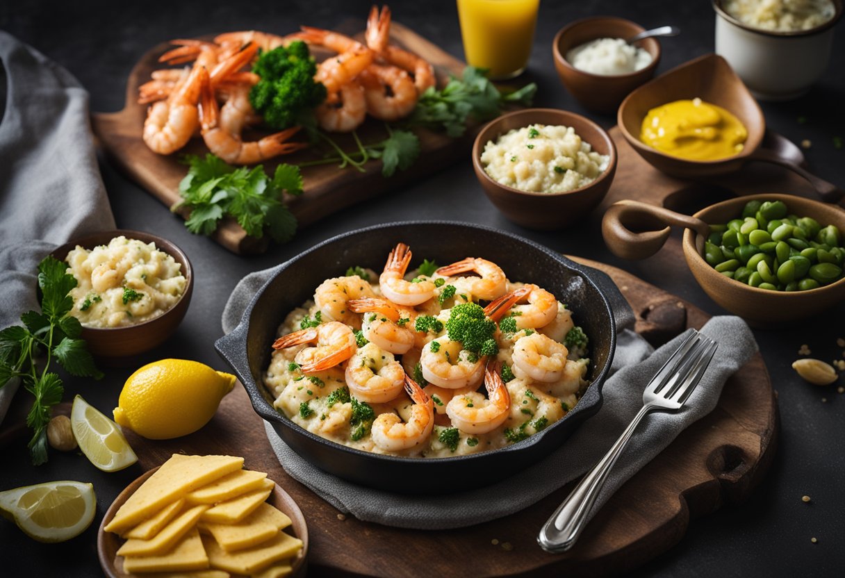 A sizzling skillet of garlic butter shrimp surrounded by keto-friendly convention food options