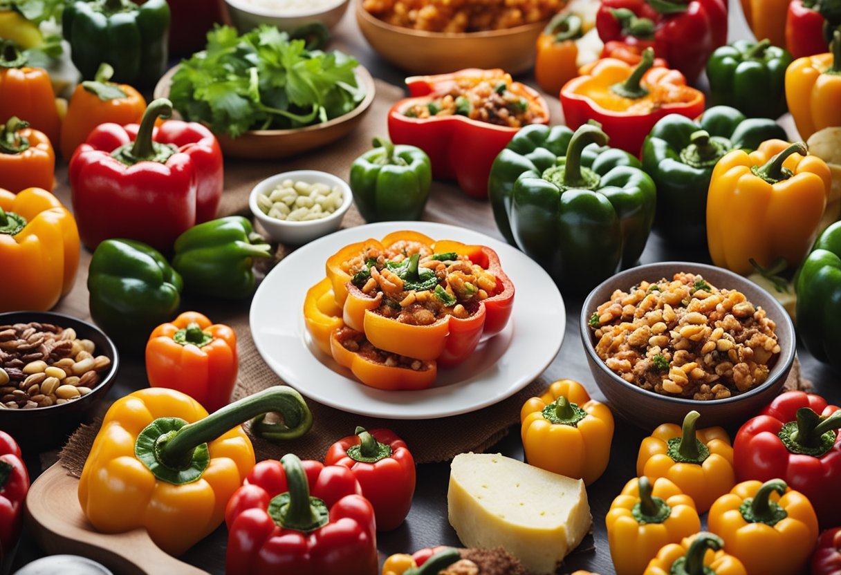 A table filled with colorful stuffed bell peppers surrounded by various keto-friendly foods at a convention