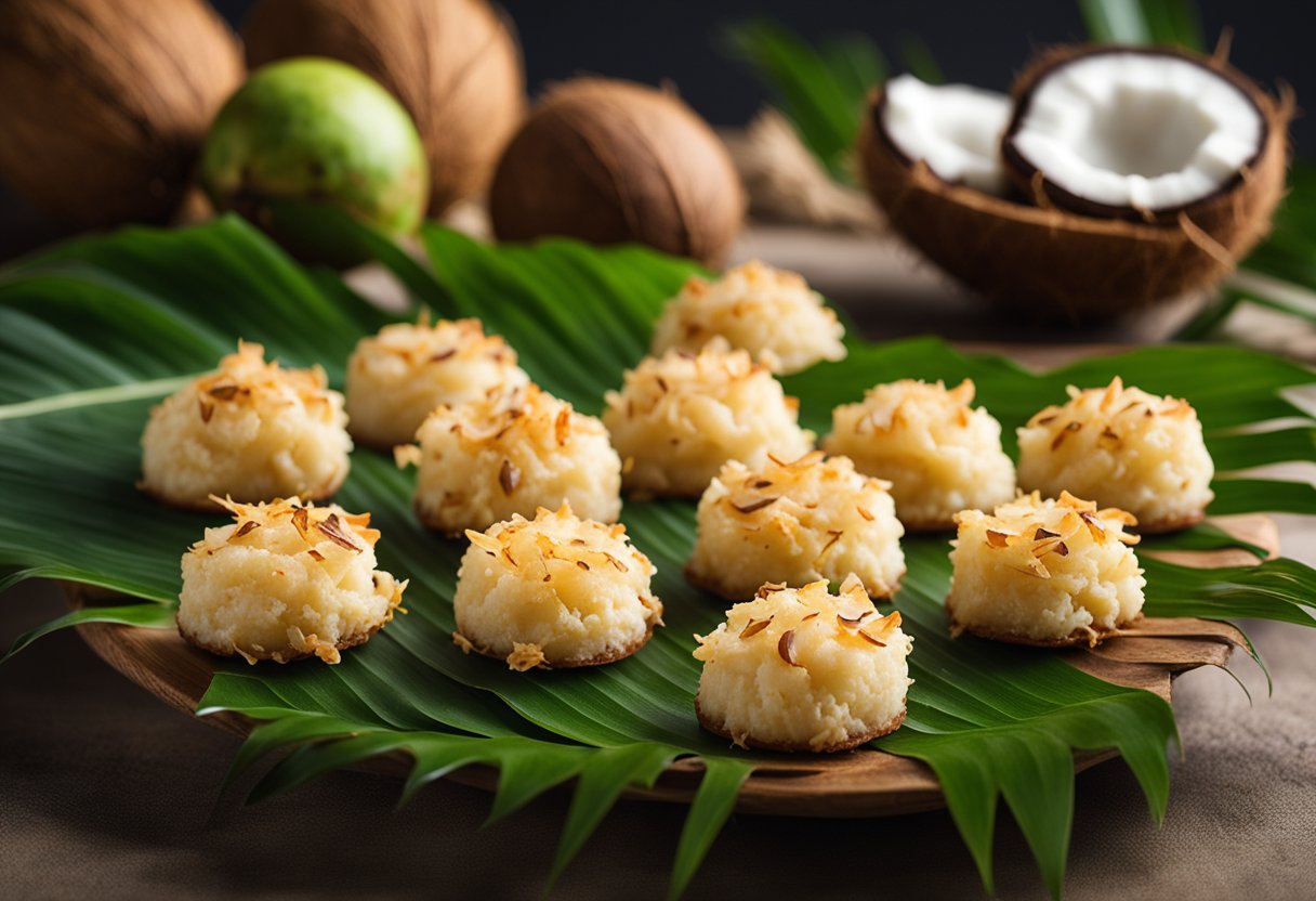 A platter of keto coconut macaroons surrounded by tropical leaves and coconuts