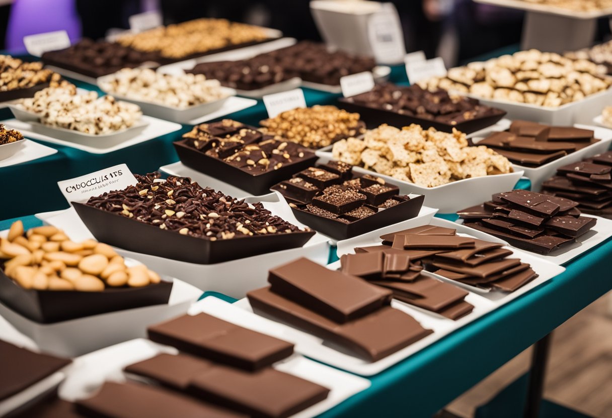 A table filled with various keto chocolate bark options at a convention