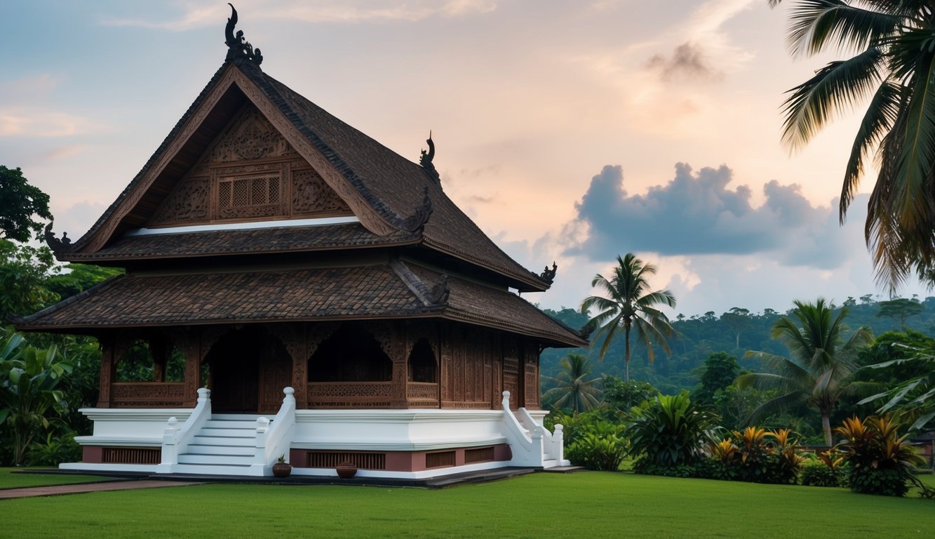 Sebuah rumah tradisional Indonesia dengan ukiran kayu yang rumit, atap yang curam, dan detail yang ornamen, dikelilingi oleh lanskap tropis yang subur