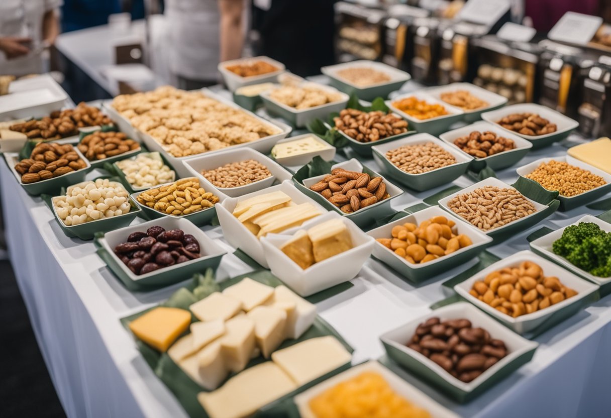 A table displays 12 keto-friendly food items at a trade show. Items include nuts, jerky, cheese, and vegetables