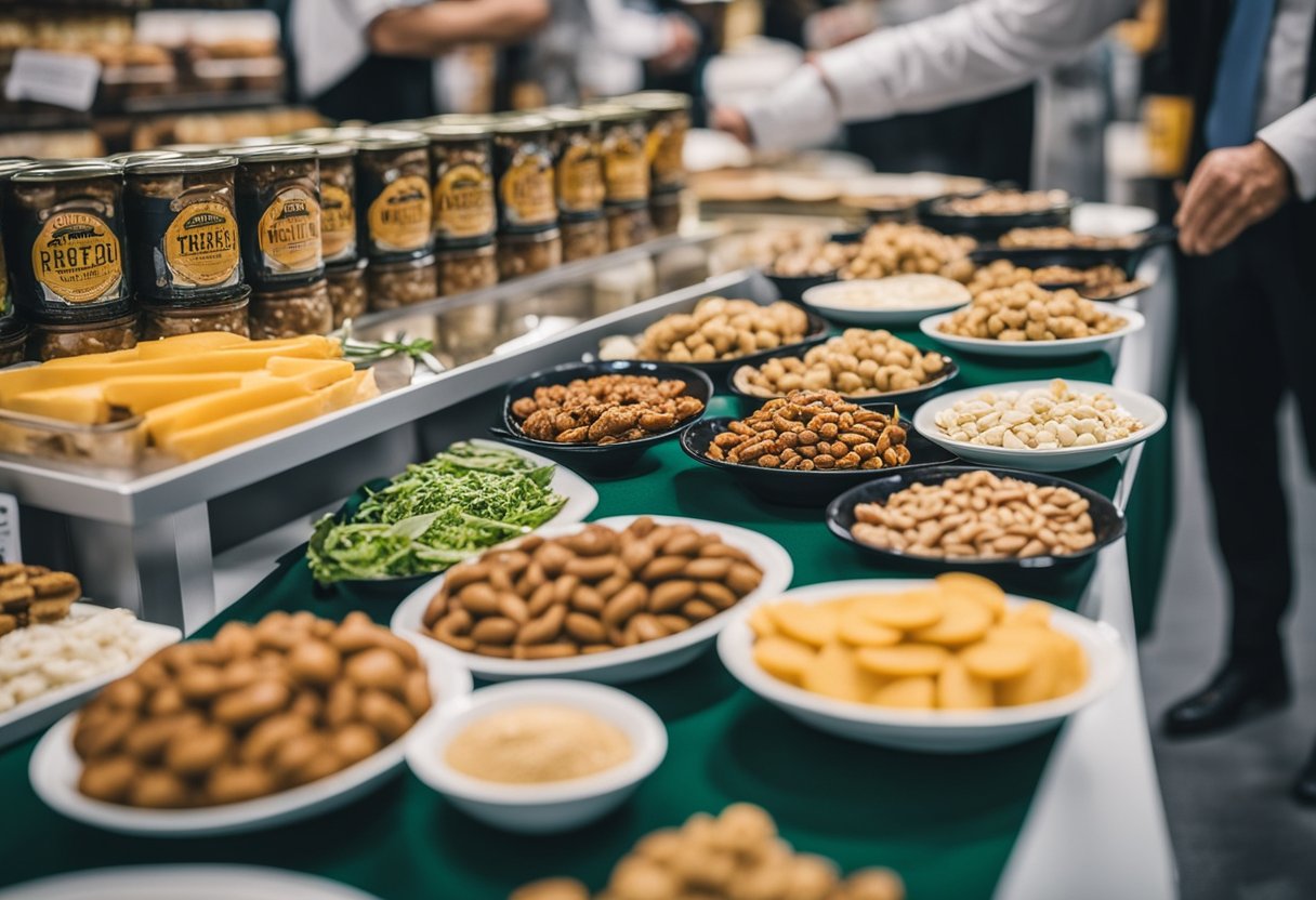 A table displays 12 keto-friendly food products at a trade show, including canned meats, nuts, and low-carb snacks