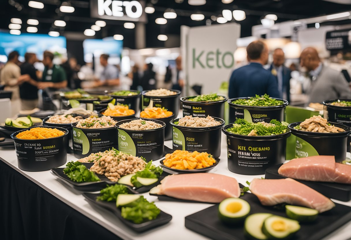 A table displays various tuna products at a keto trade show. Booth backdrop features keto branding and health-related imagery