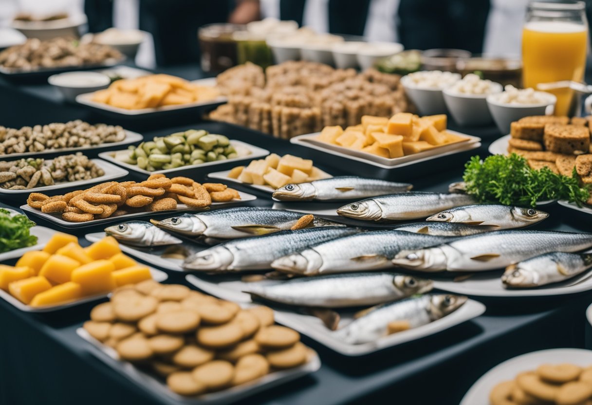 A table displays a variety of sardine products, surrounded by keto-friendly snacks and beverages at a trade show