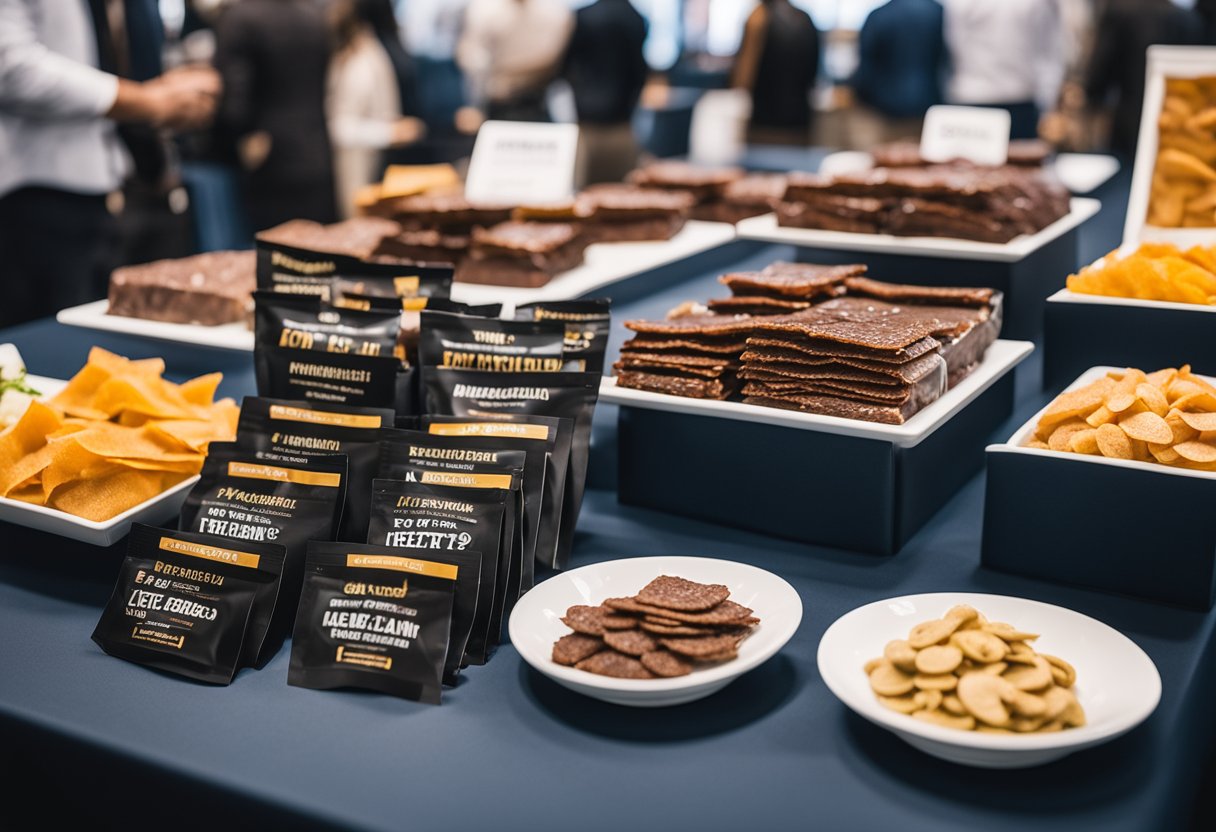 A table with a variety of keto-friendly jerky products displayed at a trade show booth