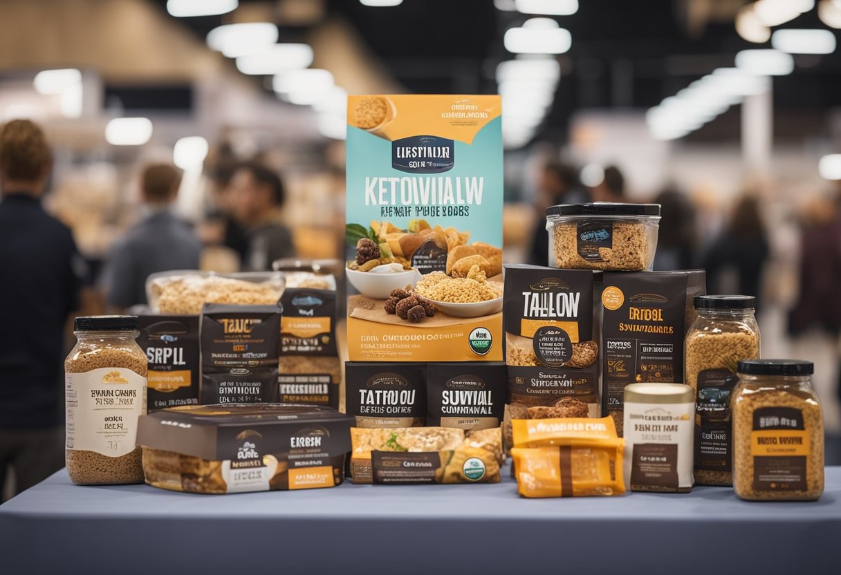 A booth at a trade show with a display of Tallow 12 Keto survival foods, including various packaged snacks and energy bars