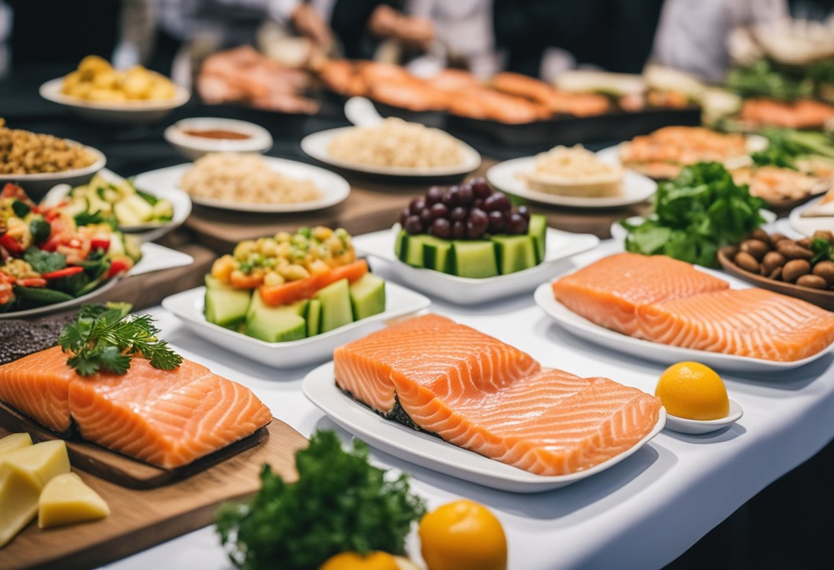 A table with various keto-friendly foods, including salmon, displayed at a trade show