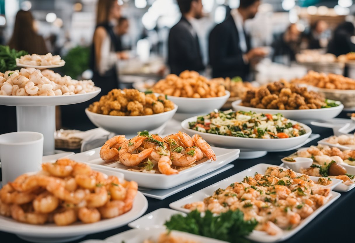 A table filled with various shrimp dishes, keto-friendly snacks, and promotional materials at a trade show booth