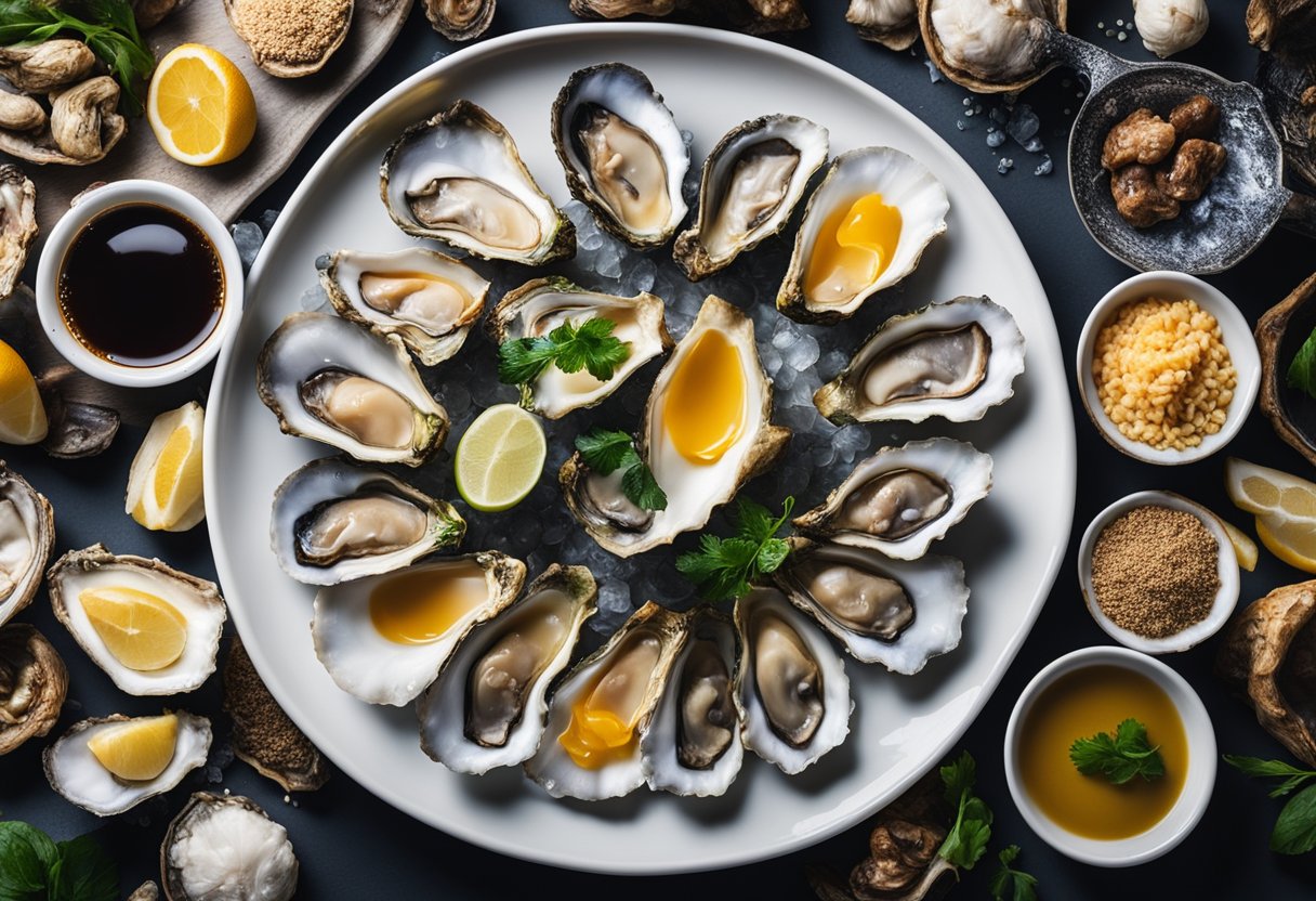 A table with a variety of keto-friendly foods, including oysters, displayed at a trade show