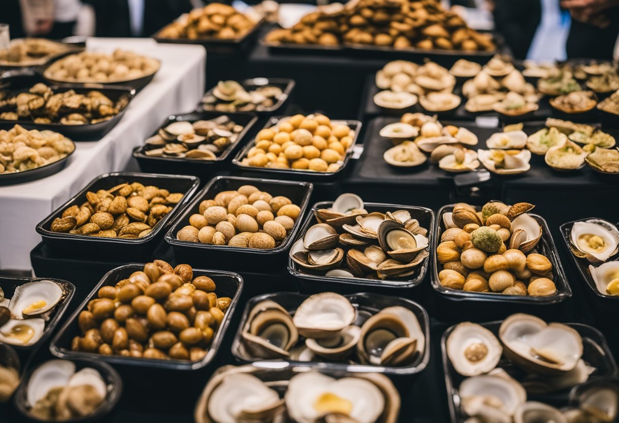 A table displays assorted keto-friendly clams and other survival foods at a trade show