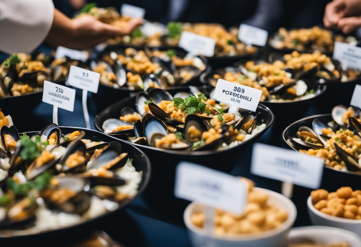 A table display of mussels surrounded by keto-friendly snack options at a trade show