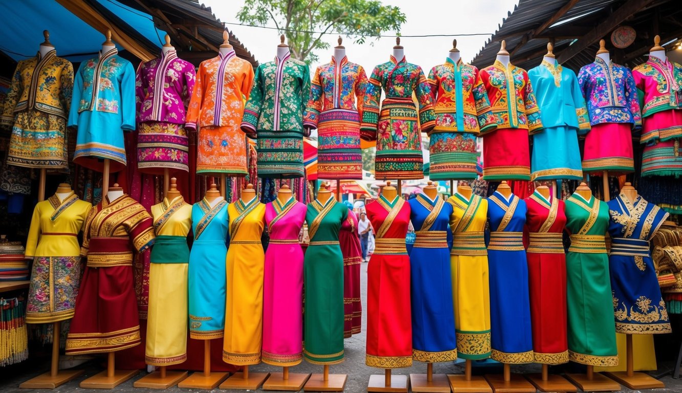 Sekumpulan pakaian tradisional Indonesia yang berwarna-warni dipajang di manekin kayu dalam suasana pasar yang hidup