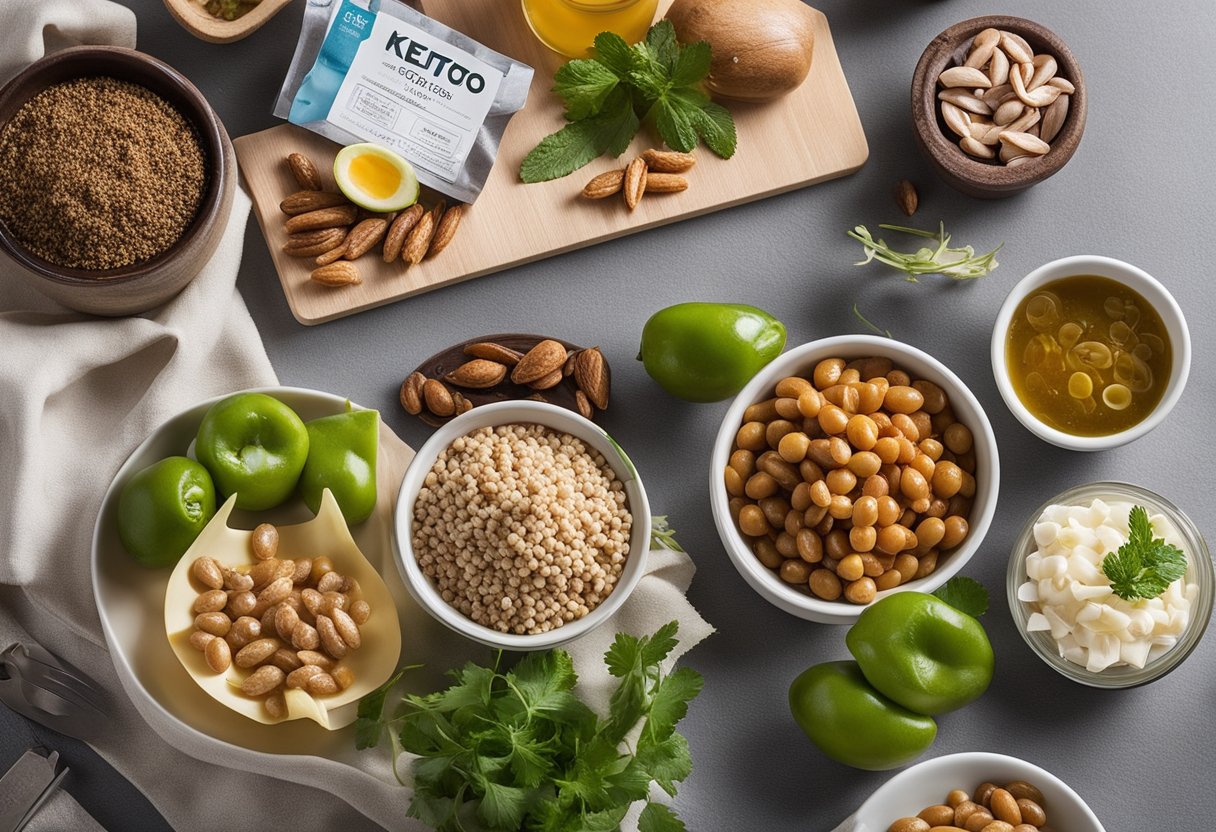 A table display of keto-friendly survival foods, including anchovies in various flavors, neatly arranged with informational brochures