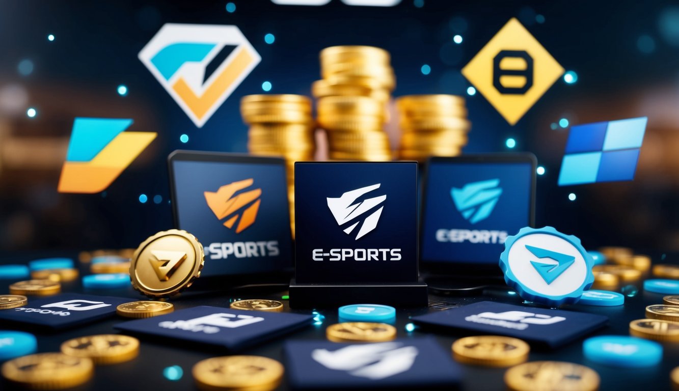 Sekelompok logo dan simbol e-sports dikelilingi oleh hadiah dan bonus virtual