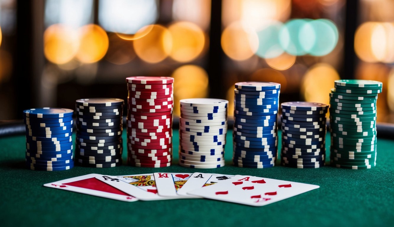 Sekelompok chip poker dan kartu yang disusun di atas meja felt hijau