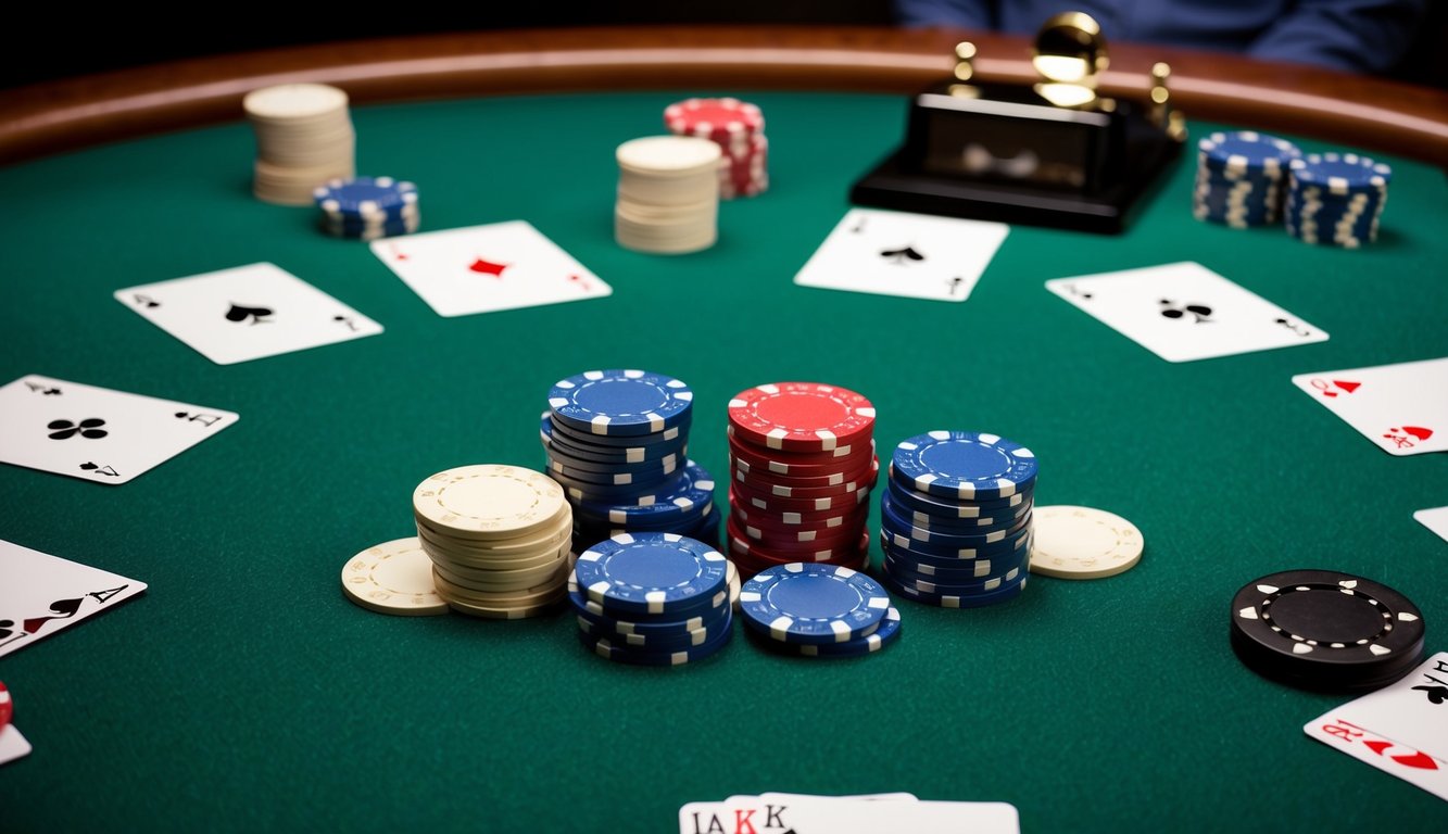 Sekelompok chip poker tersebar di atas meja felt hijau, dikelilingi oleh kartu permainan dan tombol dealer