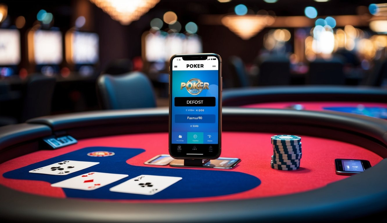 Sebuah meja poker dengan perangkat digital dan ponsel yang menampilkan layar setoran