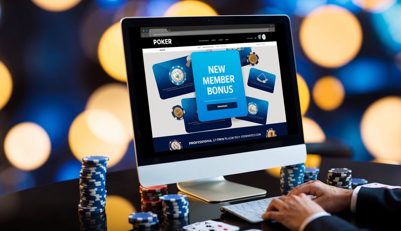 Sebuah layar komputer menampilkan situs web poker dengan pop-up "Bonus Anggota Baru", dikelilingi oleh chip kasino virtual dan kartu